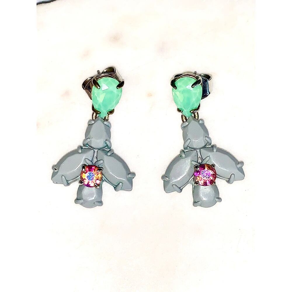 J. Crew Teardrop Green and Gray Crystal Cluster Post Dangle Earrings EUC